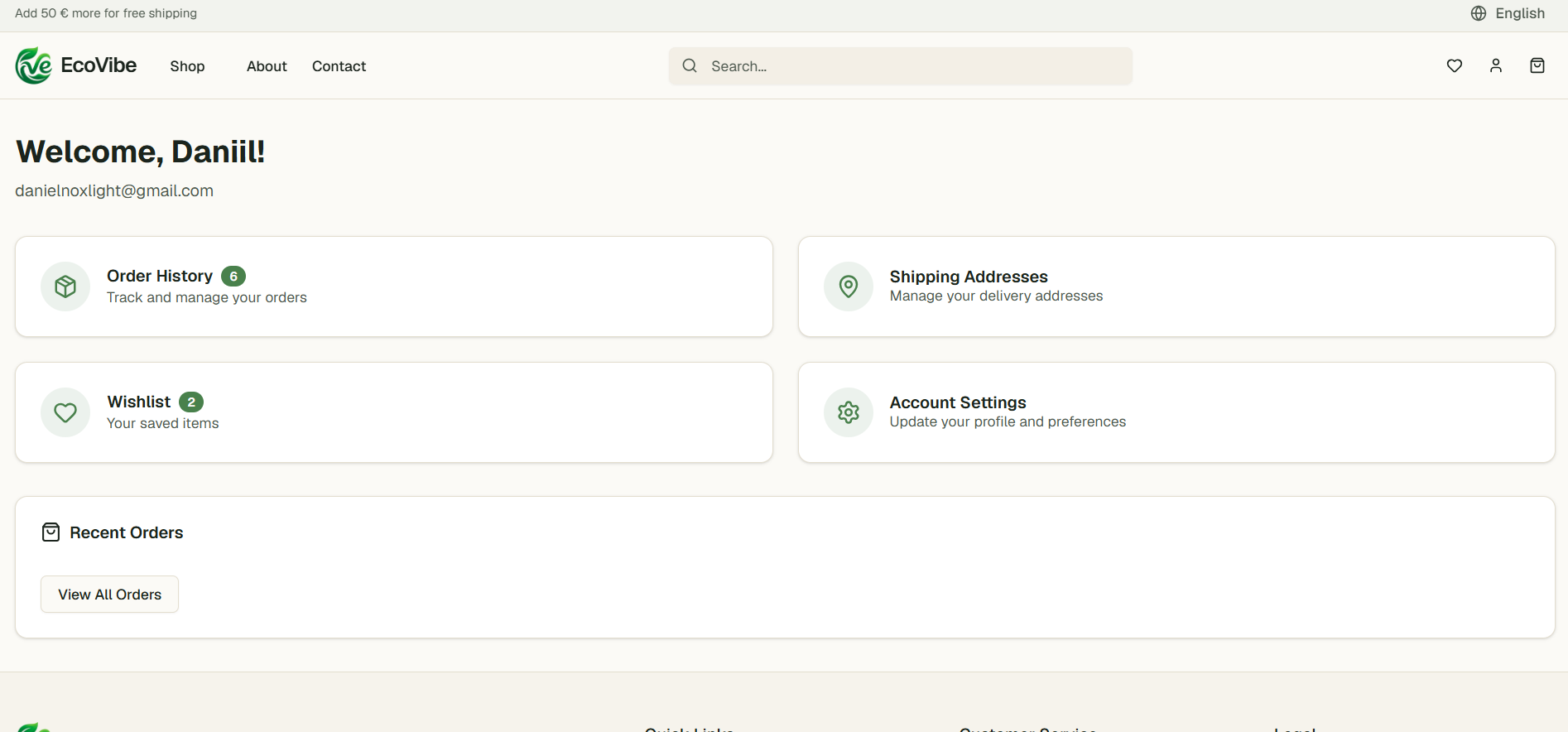 Customer account — Order History, Wishlist, Shipping Addresses, Account Settings