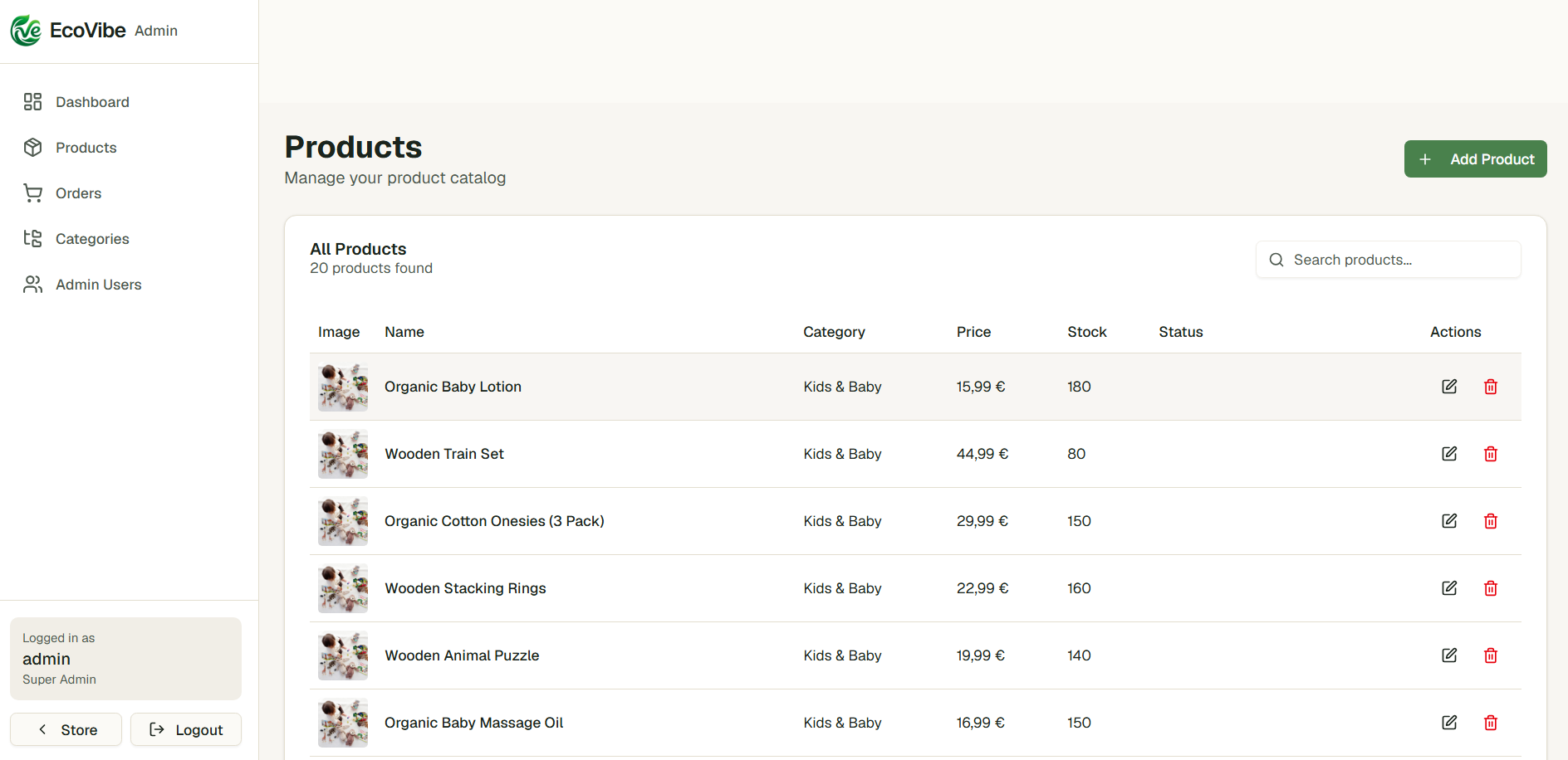 Admin Products — searchable table with image / name / category / price / stock / edit / delete