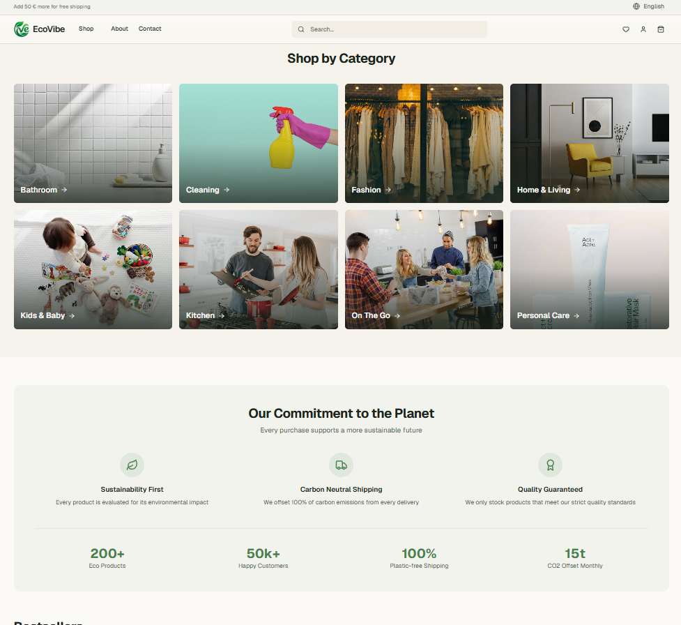 Shop by Category — 8 image tiles, commitment stats: 200+ products, 50k+ customers, 100% plastic-free shipping