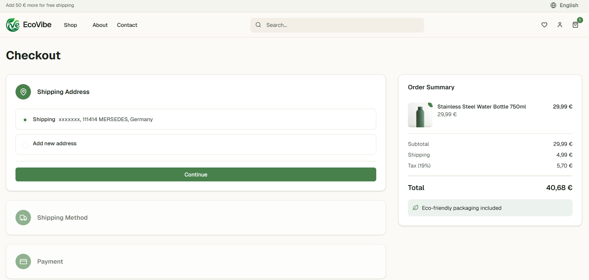 Checkout — accordion flow: shipping address → shipping method → payment, order summary sidebar