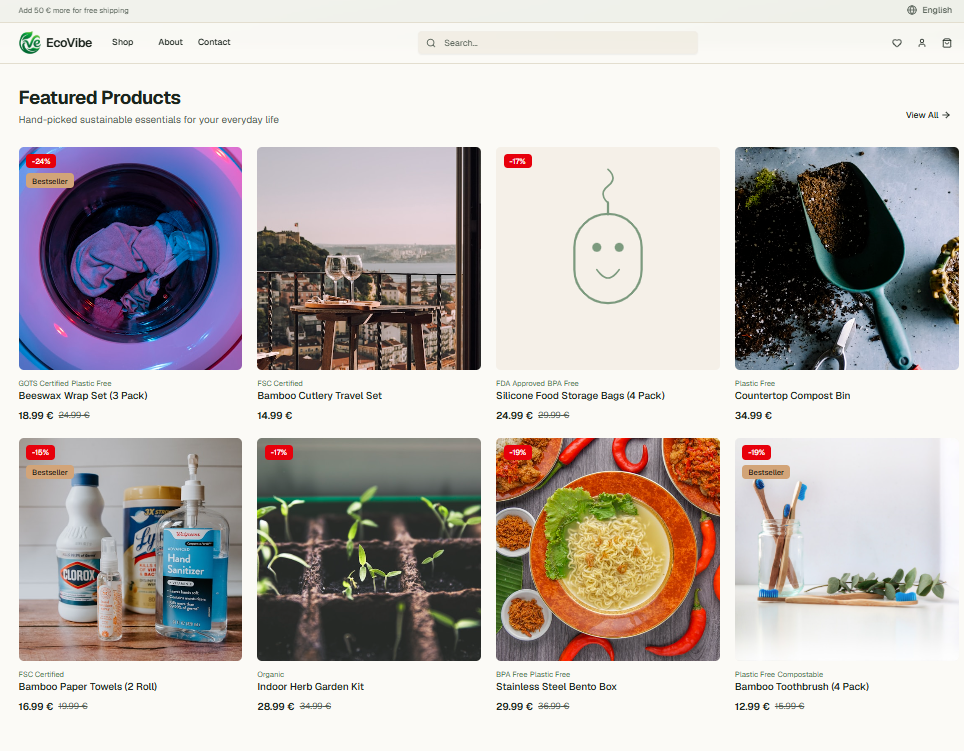 Featured Products — discount badges, Bestseller tags, eco-certification labels