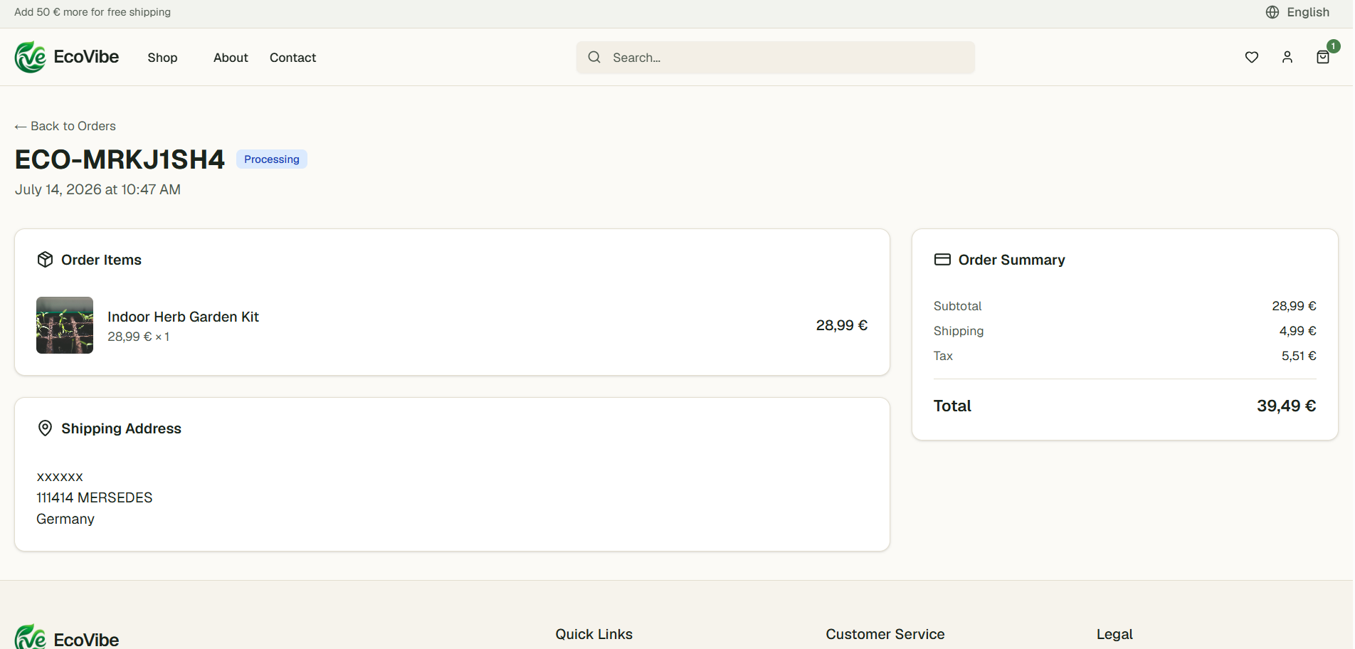 Order detail — items, shipping address, subtotal / shipping / tax / total breakdown