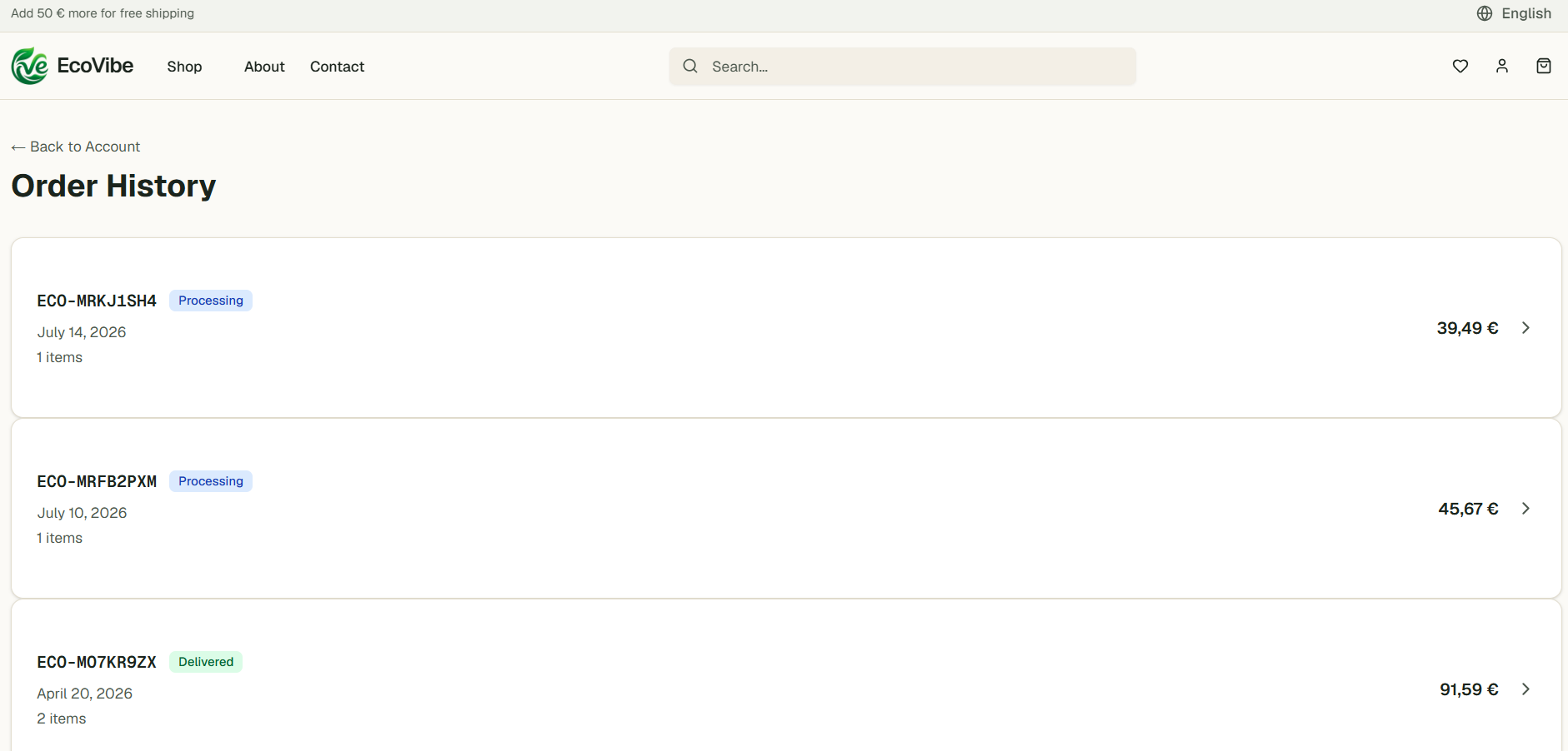 Order History — ECO order numbers, dates, item count, status badges, totals