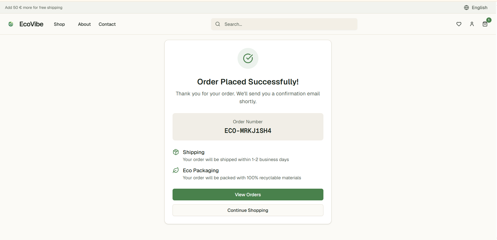 Order success — ECO-prefixed order number, eco packaging confirmation