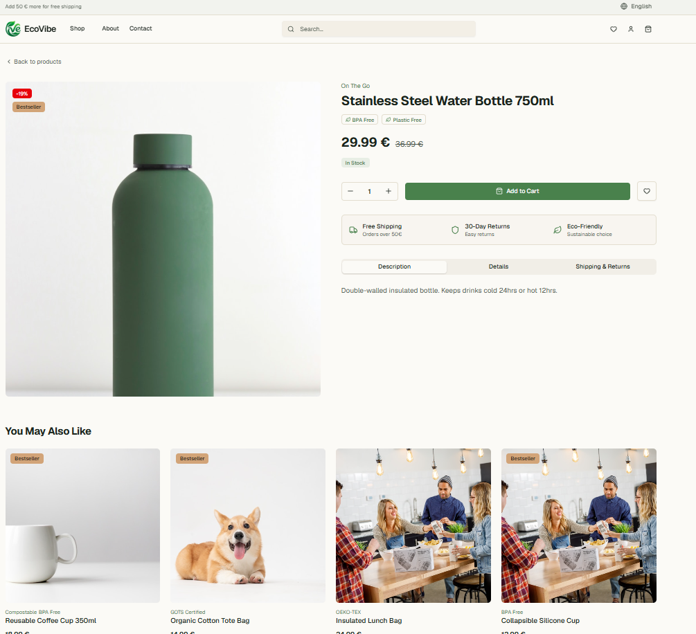 Product detail — eco badges, quantity selector, Add to Cart, You May Also Like section