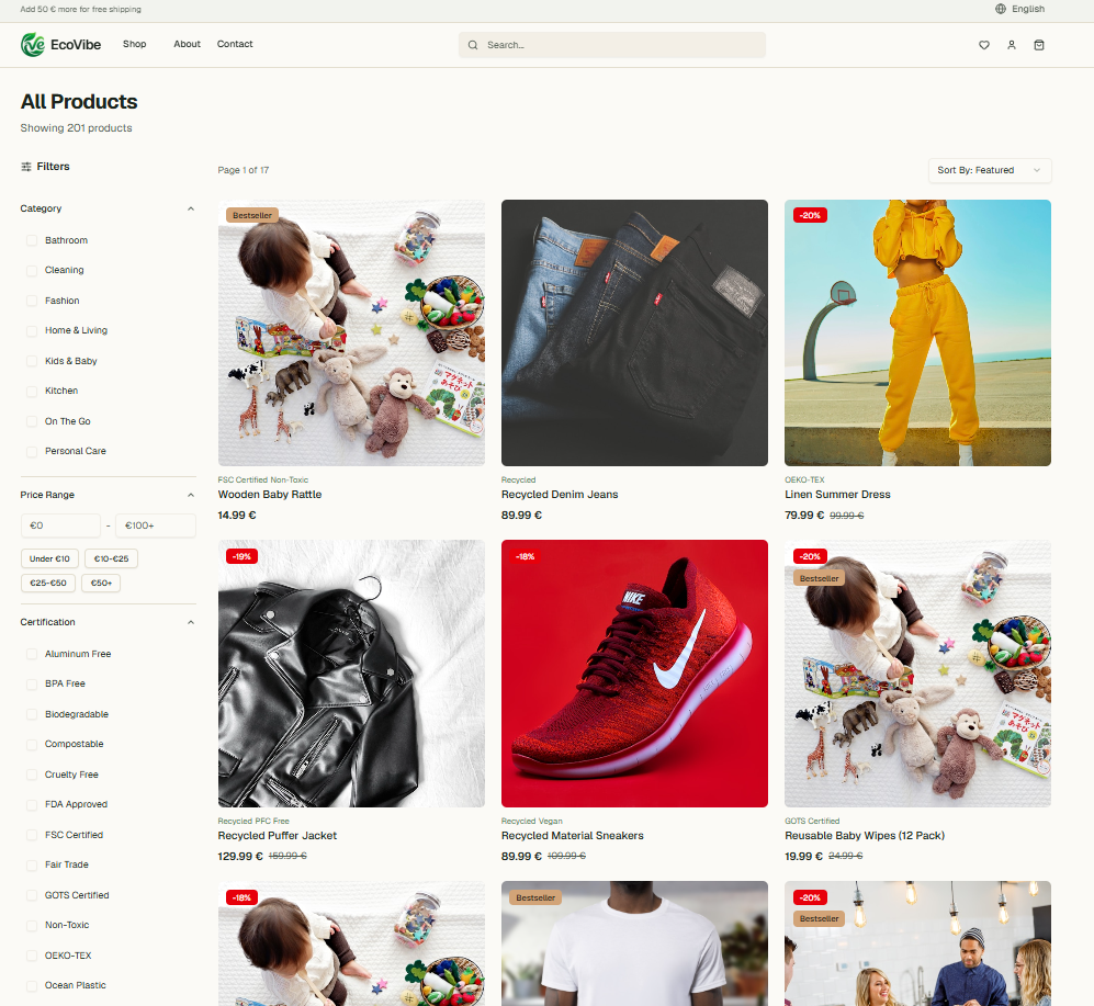 All Products — sidebar filters: category, price range, certifications (GOTS, BPA Free, Fair Trade...)