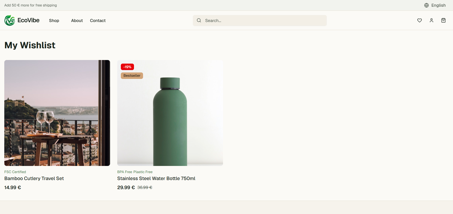 My Wishlist — saved products with discount and bestseller badges
