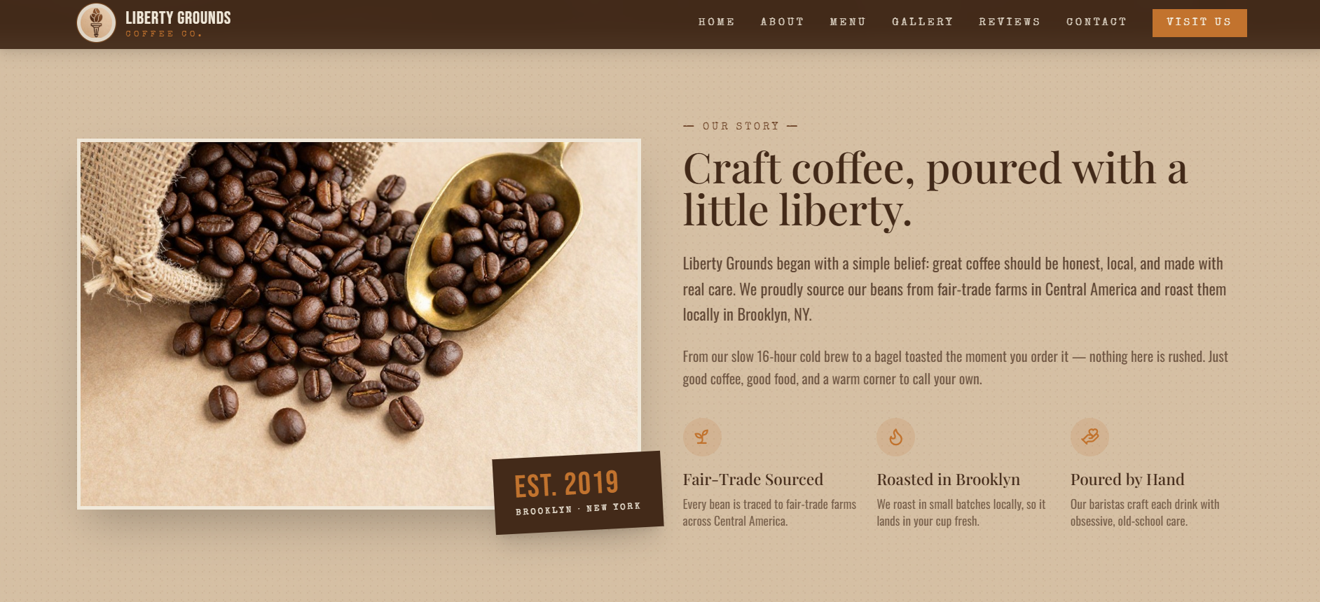 About — Our Story section with coffee bean photo and three brand pillars