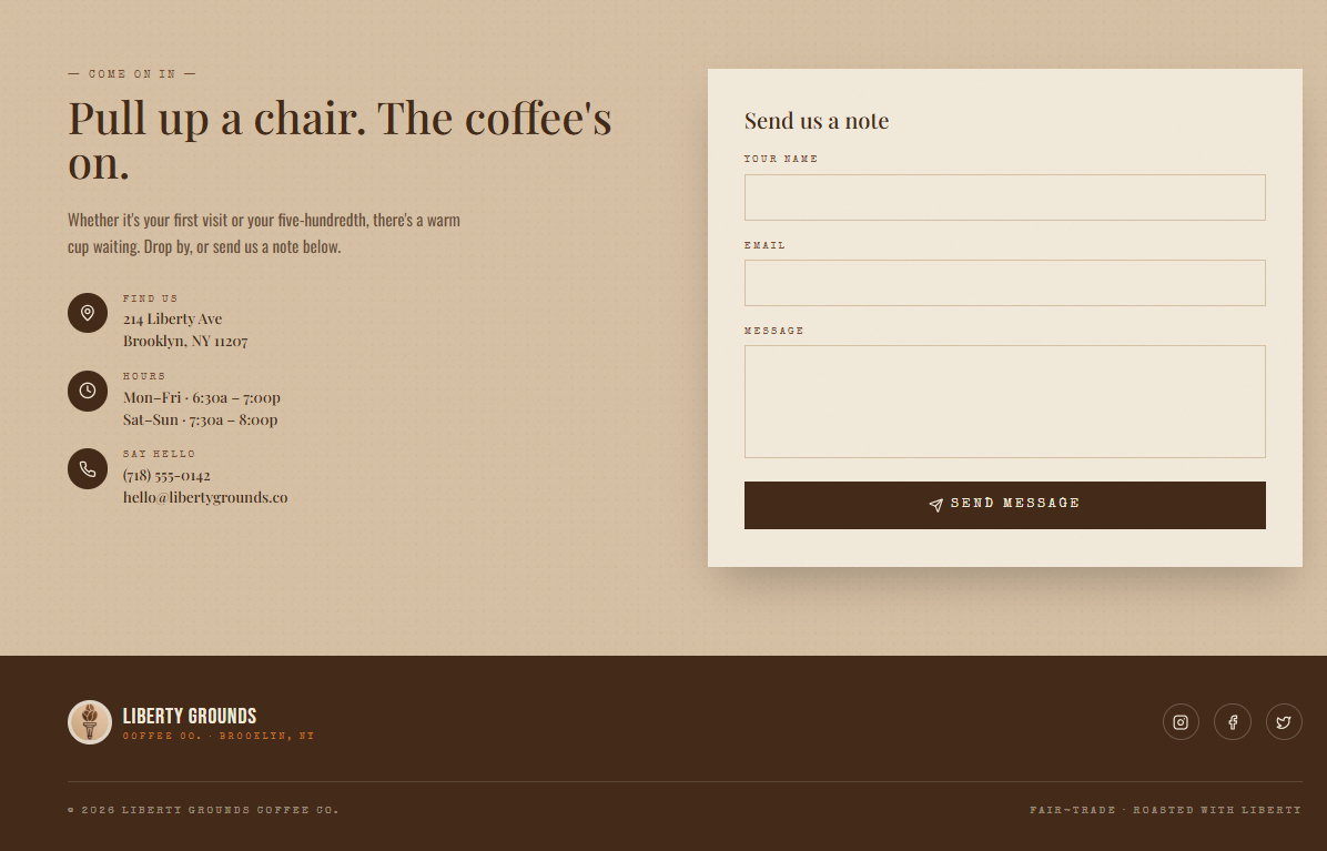 Contact & Footer — address, hours, phone, inline contact form