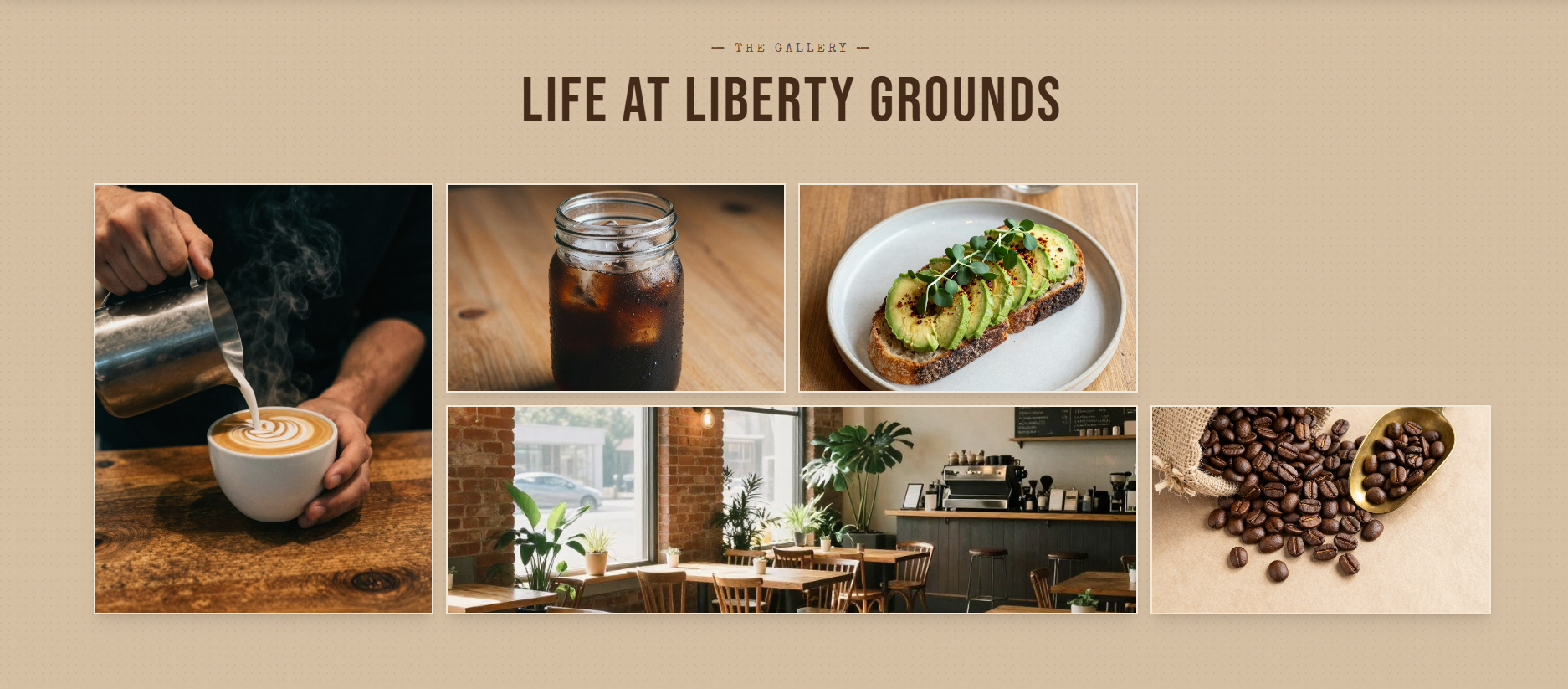 Gallery — bento grid of latte art, cold brew, avocado toast, and café interior