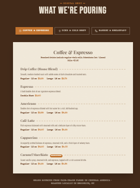 Menu — tabbed layout with Coffee & Espresso, Iced & Cold Brew, Bakery