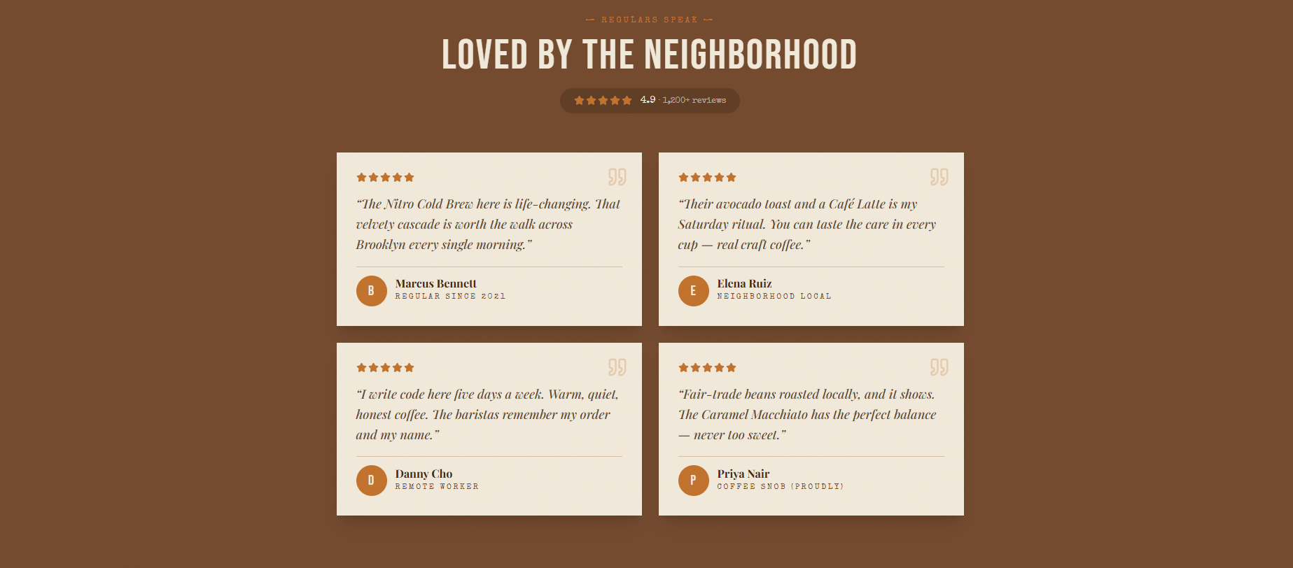 Reviews — 4 neighbourhood testimonials on dark-brown background, 4.9 stars