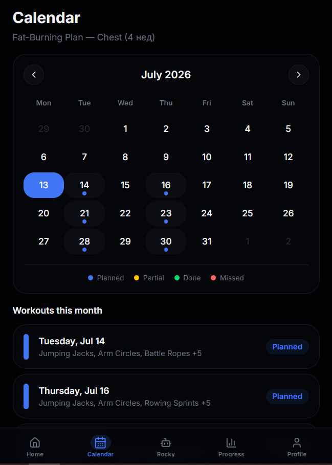 Calendar — monthly view with planned, partial, done and missed sessions