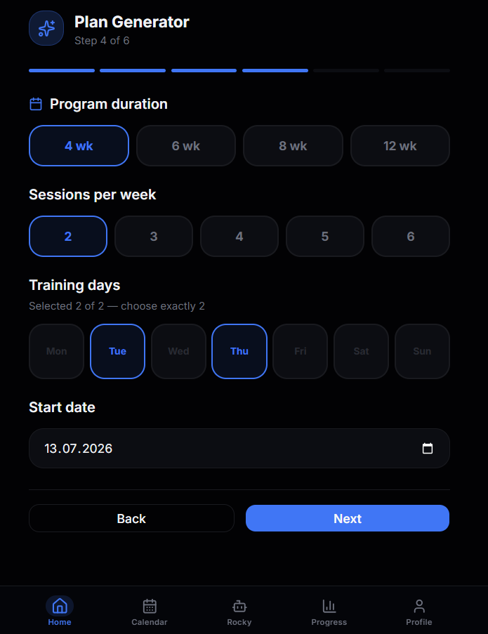 Plan Generator — Step 4: schedule, duration and start date