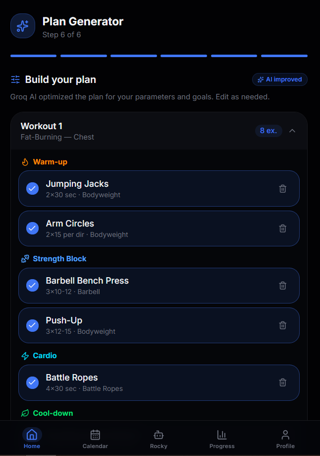 Plan Generator — Step 6: AI-optimised workout plan ready to edit