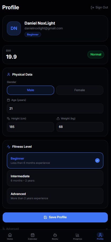 Profile — physical data, BMI, fitness level and sign out