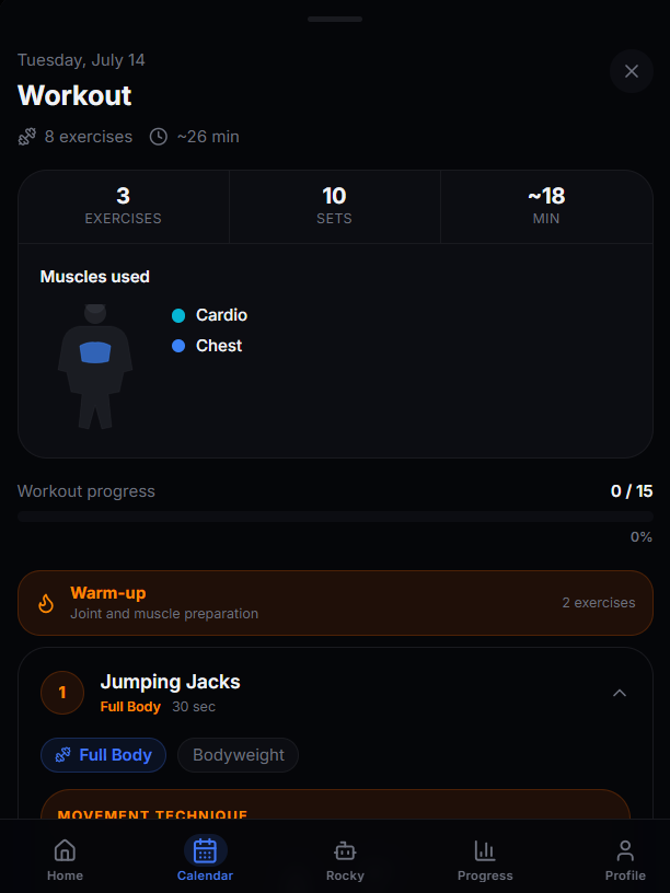 Workout detail — exercises, sets, muscle map and progress tracker